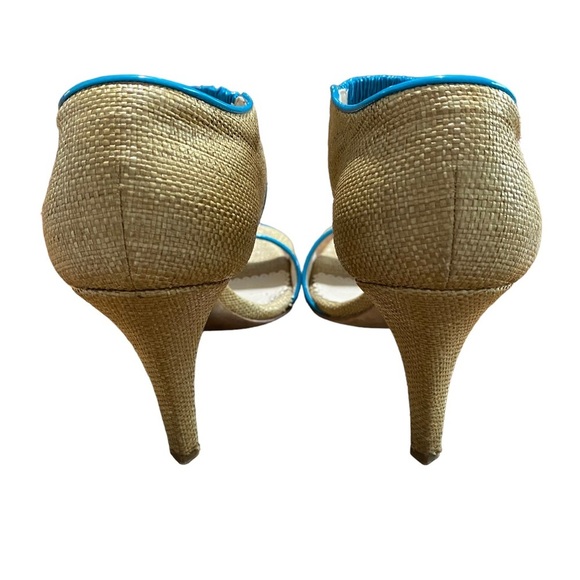 OSCAR DE LA RENTA - OPEN TOE BEIGE RAFFIA & TURQUOISE PATENT LEATHER - SZ 37 S8 - Picture 13 of 14